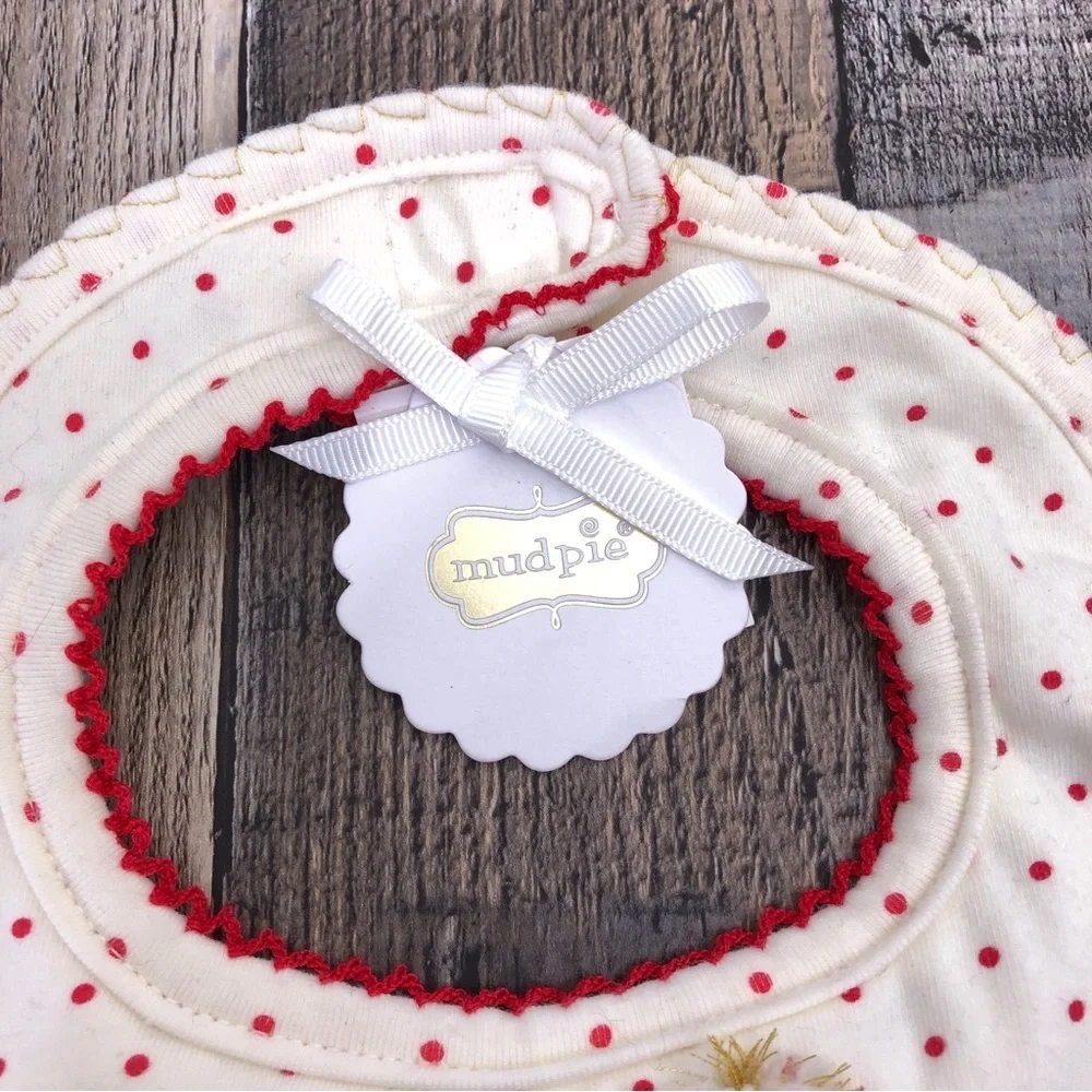 MUD PIE Cream Red Polka Dot Santa Claus Christmas Baby Bib NWT + Hair Tie Lot
